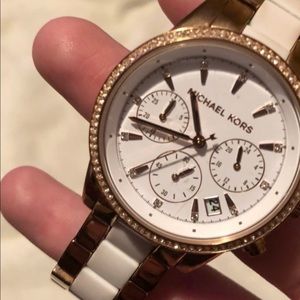 Michael Kors rose gold and white chronograph watch